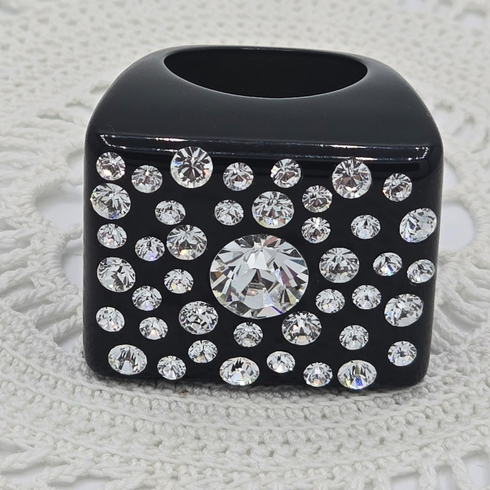 Vintage Chunky Acrylic Black Rhinestone Ring High Profile Size 6.5